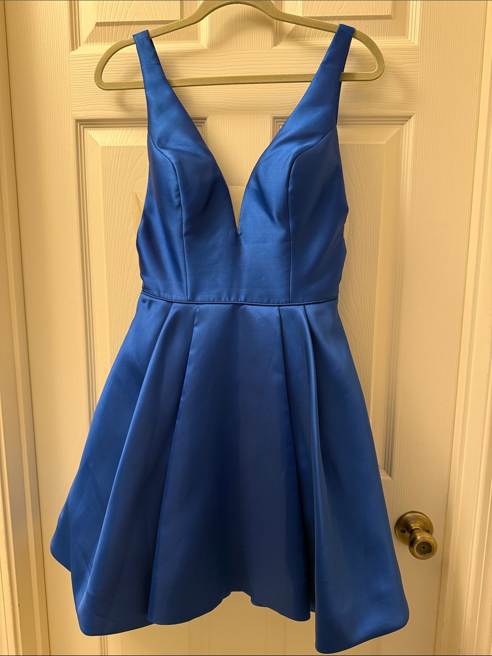 Sherri Hill 52179 Satin Fit & Flare Plunging V-Neck Cocktail Dress - Royal Blue